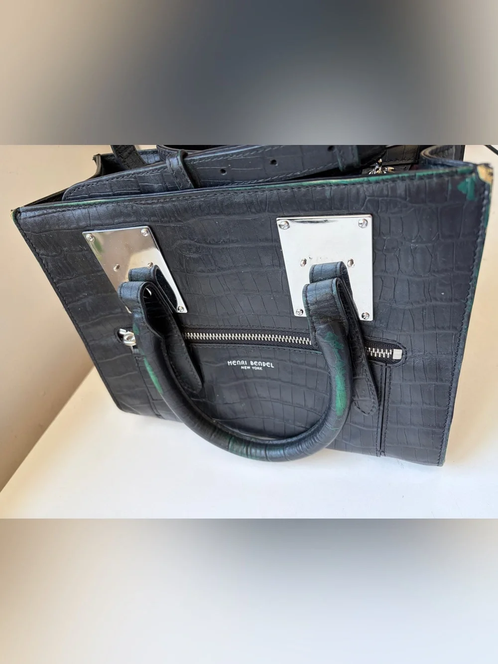 henri bendel Black Croc-Embossed Structured Top-Handle Bag
